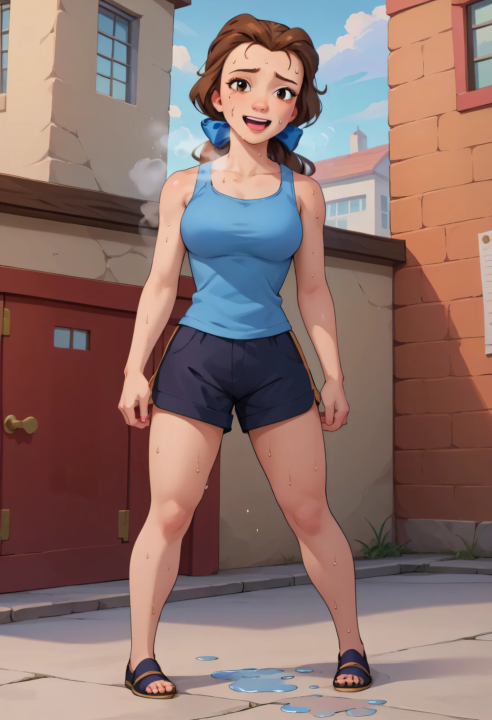 PonyXLV6_Scores ,source_anime, masterpiece,best quality, highly detailed,cinematic, BREAK belle,1girl, solo, brown hair, shirt,brown eyes, smile, blue tanktop, looking at viewer, full body, outdoors, bow, ponytail, open mouth, long hair, hair bow, black shorts, blue bow, large breasts, exhuasted, breathing heavliy,  solo, sweating profusely, open mouth, exhausted, heavy breathing, dripping sweat, puddle of sweat on the ground