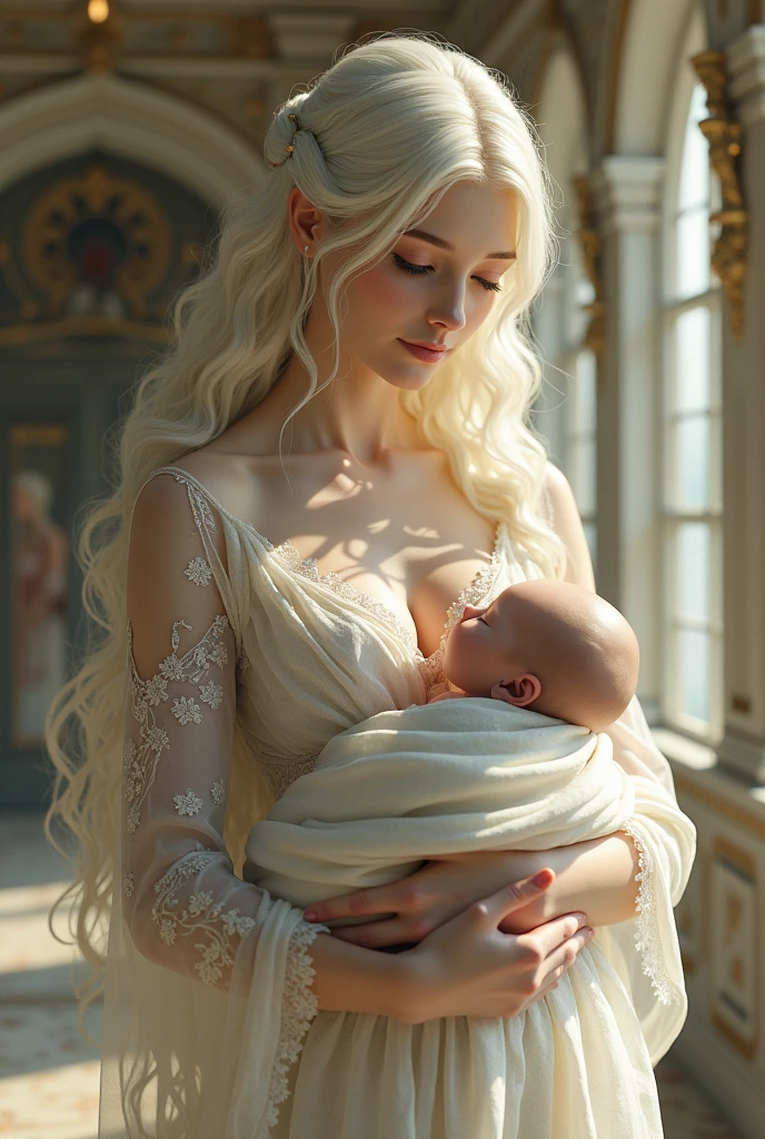 White Blonde hair, fluffy hair, stylish hair, long hair, lilac eyes, perfect eyes, beautiful, perfect face, tween, dainty , short, kind, curvy, a flowing pale airy gown with ruffles along the bottom with tiny pink flowers and gold dragon embroideries with flowers, Her tiara had a pretty teal gemstones, silver necklace, noble class, royal, royalty, red castle, feasting hall, medieval, elegant surroundings, soft dewy makeup look, light peach blush, soft tan eyeshadow, light coral lipstick, cutesy, girlish, girly, guileless, ingénue, princess , whimsical lighting, Targaryen, dragons in the sky, photorealistic