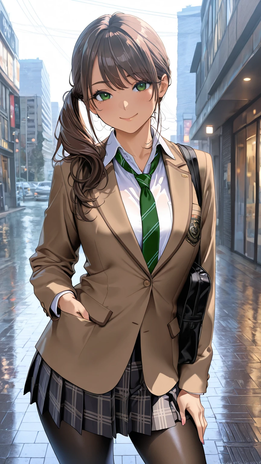 masterpiece, best quality, very aesthetic, semi-realistic, Sharp Focus, high contrast, 1girl, detailed green eyes, smile, semi-long hair, dark brown silky hair, side ponytail, contrapposto, Captivating thighs, uniform, brown blazers, (hads in pocket, unbutton), Green tie, Plaid Pleated Skirt, black tights, rainy cyber city, at night