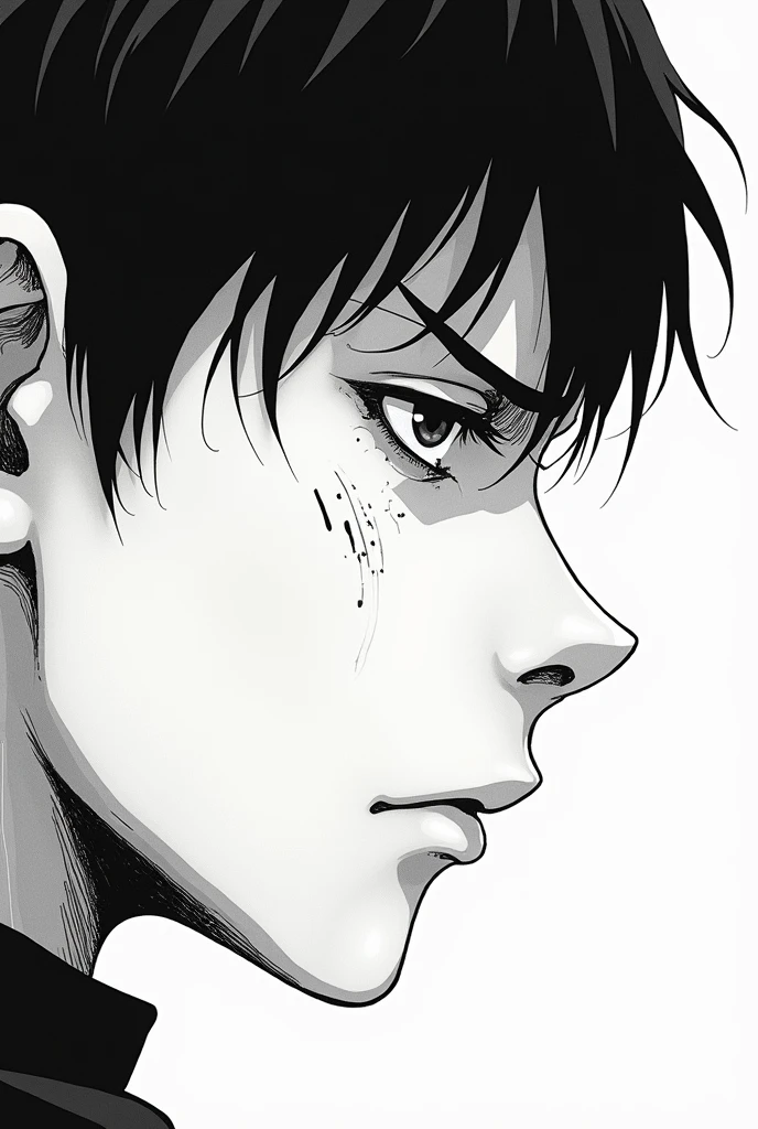 Make a 26 year old guy straight black hair neat, focusing on the hypnotized gaze, lineart, illustration 