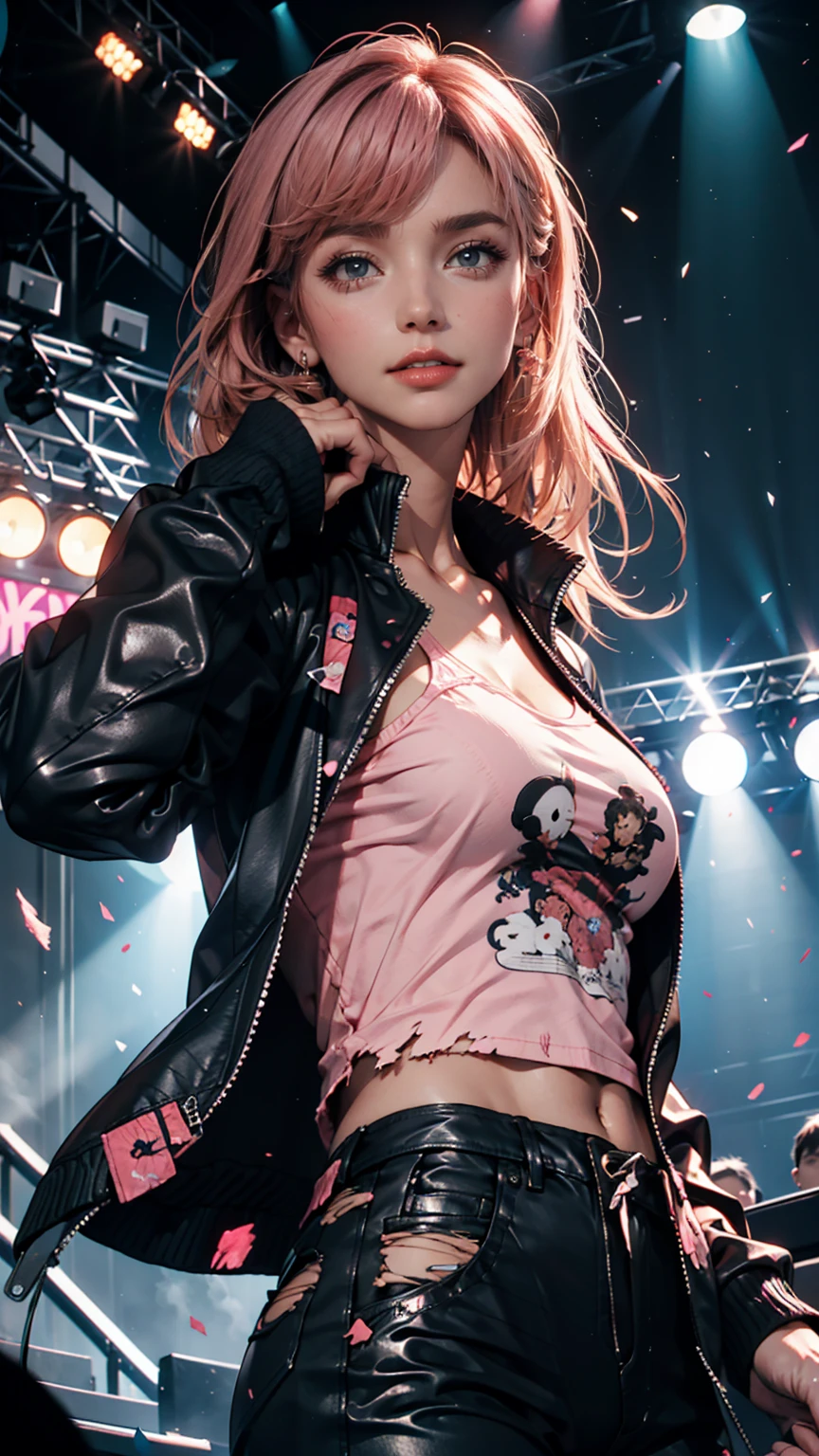   Masterpiece  ,  top quality,  1 girl ,  upper body, Jiro,  detail eyes,  pink shirt,  black jacket ,  torn clothes, concert, ( stage)