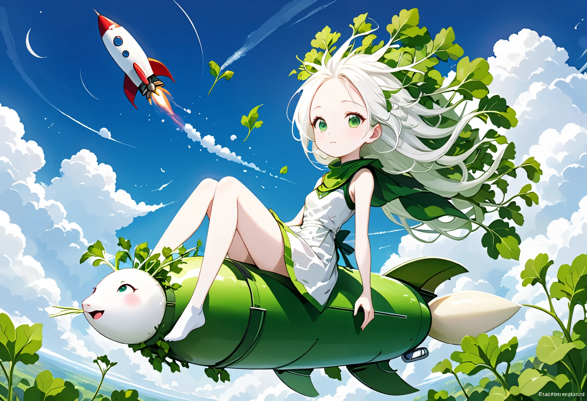 Digital art, Daikon lady sitting on rocket and flying in sky, green eyes, radish leaves growing from head, pure white skin and hair,

Rocket looks like Daikon, 

Masterpiece, best quality