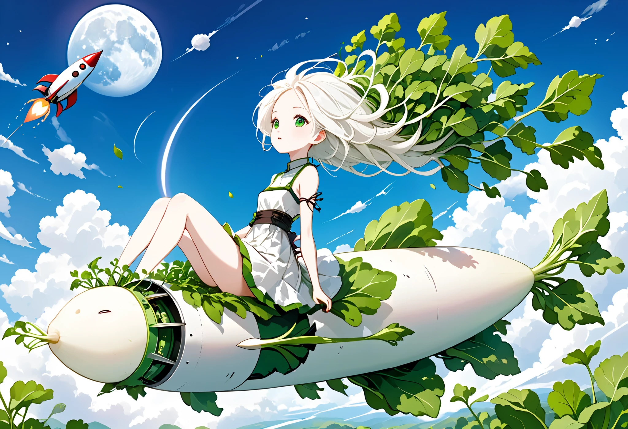 Digital art, Daikon lady sitting on rocket and flying in sky, green eyes, radish leaves growing from head, pure white skin and hair,

Rocket looks like Daikon, 

Masterpiece, best quality