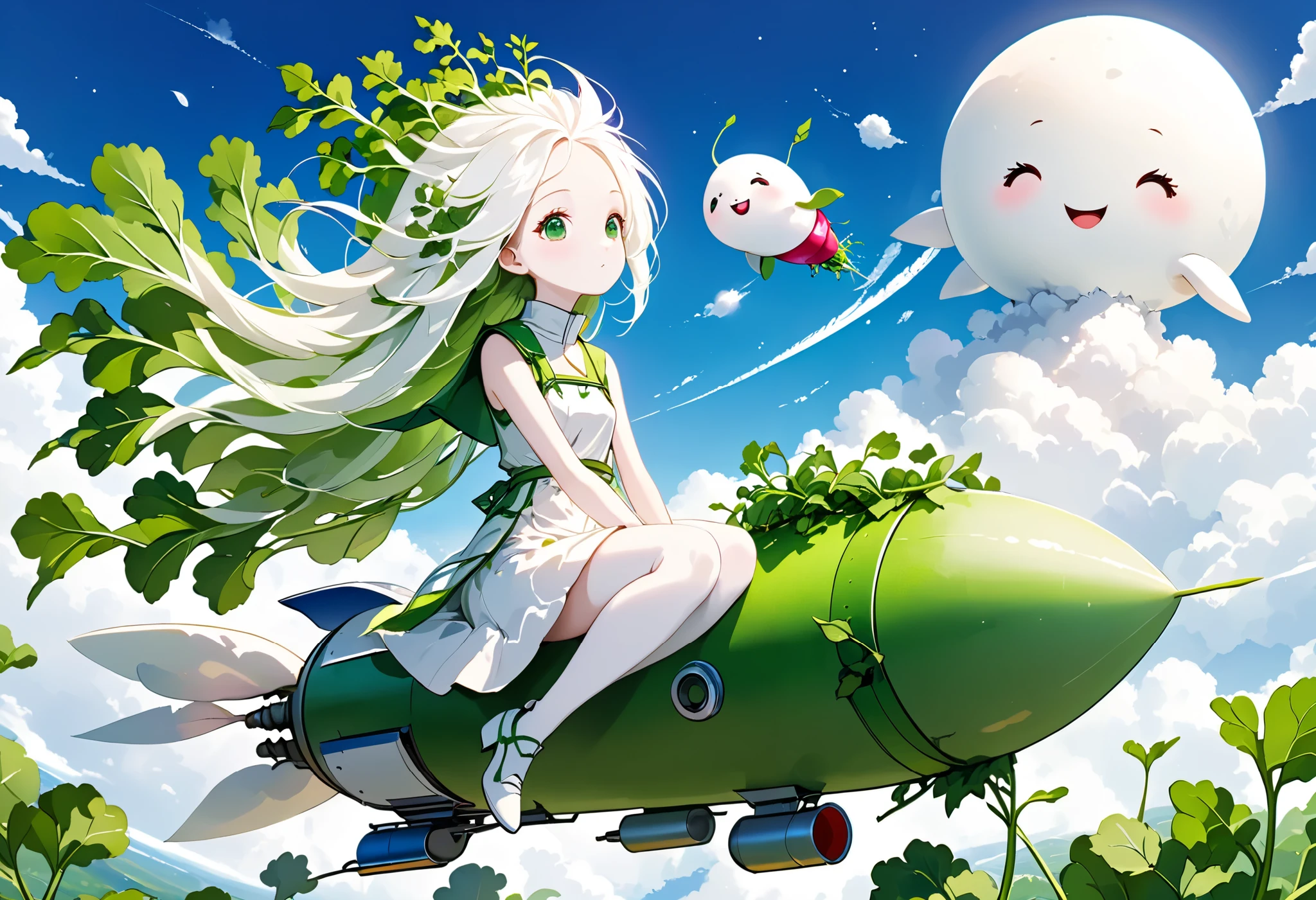 Digital art, Daikon lady sitting on rocket and flying in sky, green eyes, radish leaves growing from head, pure white skin and hair,

Rocket looks like Daikon, 

Masterpiece, best quality