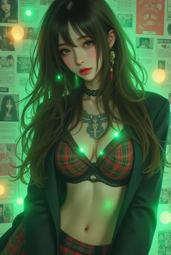 masterpiece, ultra detail, 8k, A stunning illustration of a confident young woman with long, flowing dark hair wearing a stylish and provocative take on a Japanese school uniform. Her outfit features a plaid skirt and an open jacket, revealing a detailed and glowing neon-green bra with intricate patterns. She holds a katana in one hand, exuding a powerful yet elegant aura. Her body is adorned with glowing tattoos, complementing the green, mystical energy radiating around her. The background features a complex, skeletal design with glowing neon-green highlights, enhancing the supernatural and edgy atmosphere of the scene.