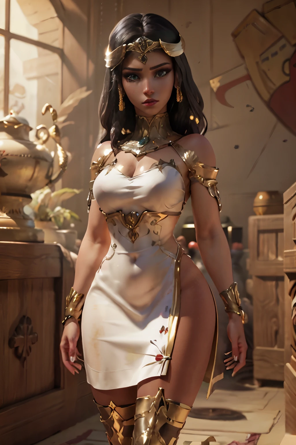 hyper realistic portrait shot of a beautiful egyptian queen, looking down proudly on the camera with her expressive green eyes, tanned skin tone , thin nose , black braided bob hair with golden accessories and jewelries , wearing a white see tough dress