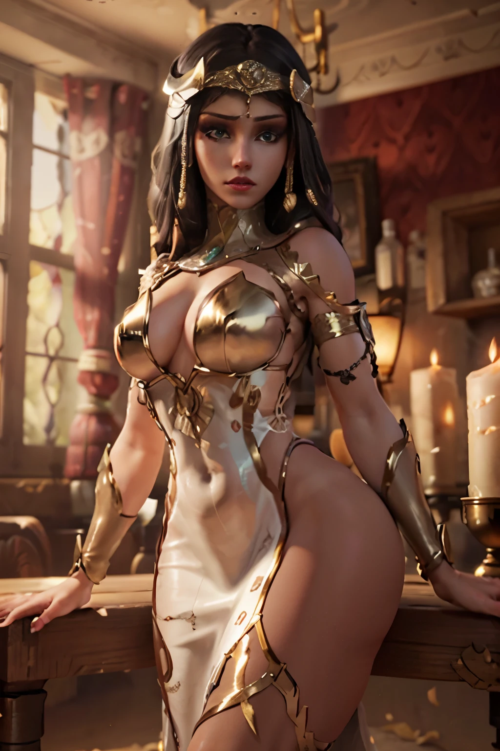 Beautiful Alluring Female pirate queen, Bare oily Skin, Athletic Well Toned Body, open vest, frilly revealing white shirt, pirate pants, leather belt, bandana, long hair, cleavage, Barely Clothed, inside a cave filled with gold coins and pirate treasure, sitting on top of a treasure pile, pirate theme Theme, nautical theme, Beautiful D&D Character Portrait, Beautiful Face, Ominous, Dark Fantasy, Fiverr Dnd Character, Octane Render, Digital Art, Extreme Detail, 4k, Ultra Hd, Polished, Beautiful, Hyperdetailed, Intricate, Elaborate, Meticulous, Photorealistic, Sharp Focus, Wlop, Character Design, Unreal Engine, 3d Rendered, Volumetric Lighting, Reflections, Glossy, Digital Illustration,  Pose, Suggestive Pose, Full Body Shot, exposed breasts, small perky breasts, visible nipples, pierced nipples, nipple gold rings, 💖❤💕💋❣