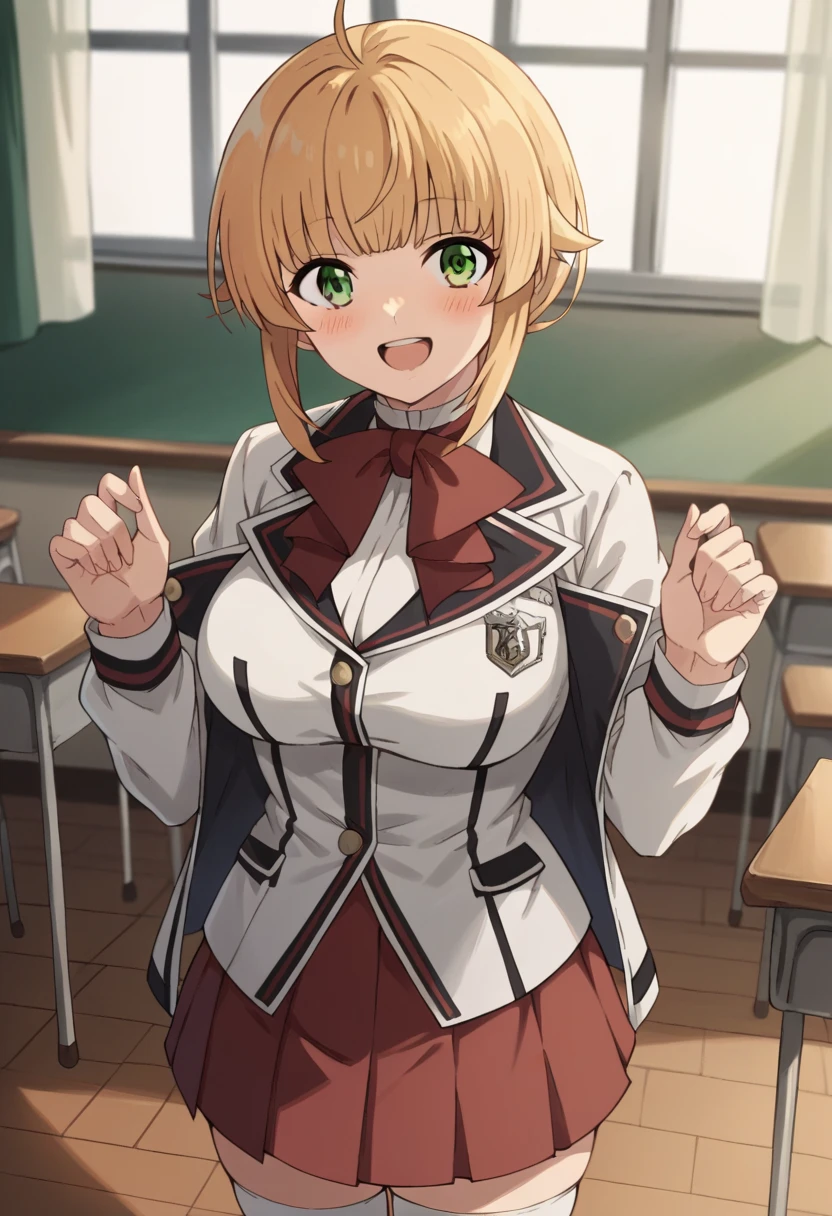 NSFW，
norngreyrat, norn greyrat, bangs, blonde hair, green eyes, ahoge,
long sleeves, bow，jacket, bowtie, red bow, skirt, red skirt, white jacket,
indoors, classroom, smile, big breasts, big thighs, full body, black shoes, white stockings, smile, blushing, happy, open mouth, 
looking at viewer, cowboy shot, from head to toe  