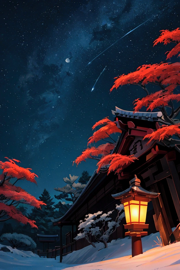 1 scene illustration ， Two-dimensional Style ，night，Japanese Shrines，moon， starry sky ，slate，lantern，Red maple leaf， There is fog in the air，night寂静氛围感，lantern发光烘托氛围，Particle light ， Close to the real atmosphere of light and shadow