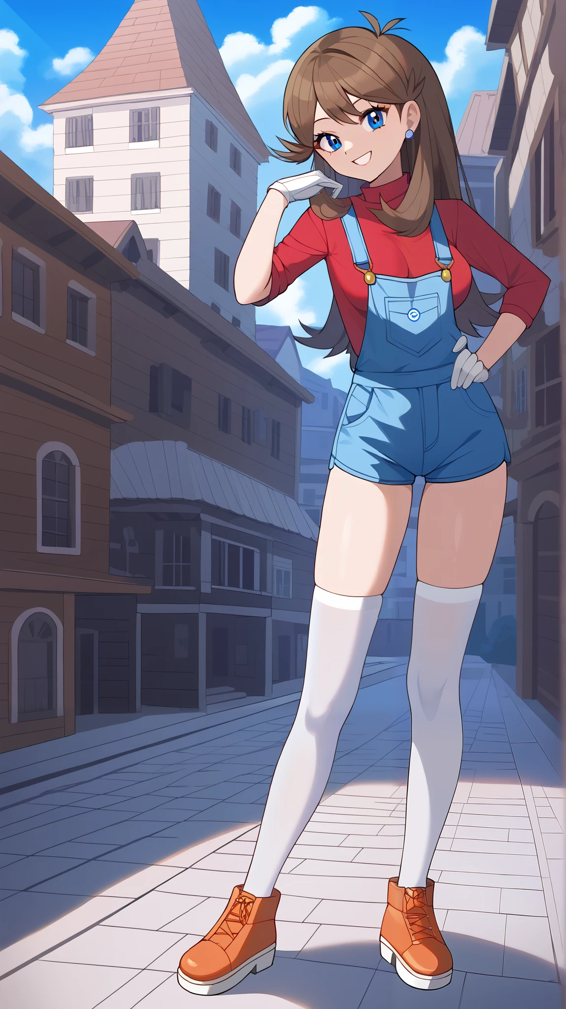 bare hands, no gloves ,Orange brown hair,  long hair,  blue eyes, red long sleeve shirt , blue shorts overalls, white knee-high stockings reflective on glass floors,  absolute domain, Ample breasts,  Tall,  viewers, 1 Female, Age 18,  standing, Three idiot hairs , whole body, Place one hand on hip,  slim figure,  sexy smile,  Seductive Smile , Orange shoes,  with bangs,  score_9,  score_8_Excellent,  score_7_Excellent,  score_6_Excellent,  top quality,  source_Anime,  cell shading ,  Flat Color , vector,  detailed background, town, building,  break 1 girl , Alone, (\ Pokemon\), Outdoor,