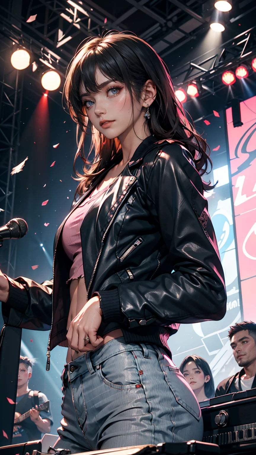   Masterpiece  ,  top quality,  1 girl ,  upper body, Jiro,  detail eyes,  pink shirt,  black jacket ,  torn clothes, concert, ( stage)