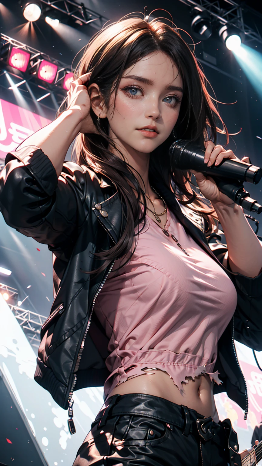   Masterpiece  ,  top quality,  1 girl ,  upper body, Jiro,  detail eyes,  pink shirt,  black jacket ,  torn clothes, concert, ( stage)