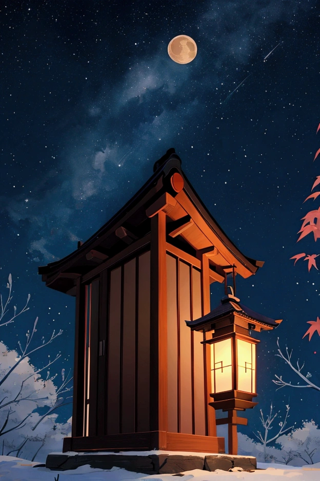 1 scene illustration ， Two-dimensional Style ，night，Japanese Shrines，moon， starry sky ，slate，lantern，Red maple leaf， There is fog in the air，night寂静氛围感，lantern发光烘托氛围，Particle light ， Close to the real atmosphere of light and shadow