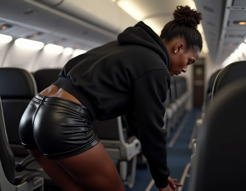 black woman, hair in a bun, black leather short shorts, white top, flirting with camera, backside view, bending over, low angle, on a plane
side angle view camera up close to ass       realistic