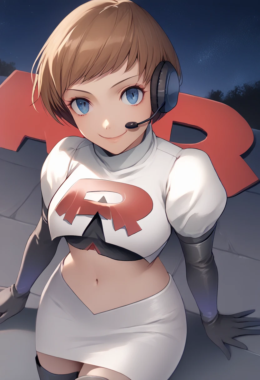 Team rocket, team rocket uniform, red letter R, white skirt,white crop top,black thigh-high boots, black elbow gloves, evil smile, night sky background, headset, large breasts, high-heeled boots, Chie Satanoka, brown hair, bob cut