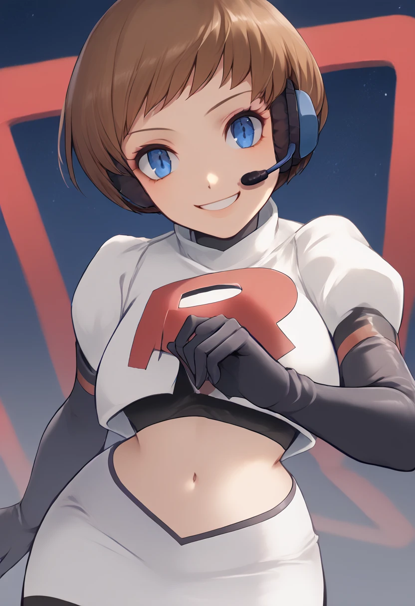 Team rocket, team rocket uniform, red letter R, white skirt,white crop top,black thigh-high boots, black elbow gloves, evil smile, night sky background, headset, large breasts, high-heeled boots, Chie Satanoka, brown hair, bob cut