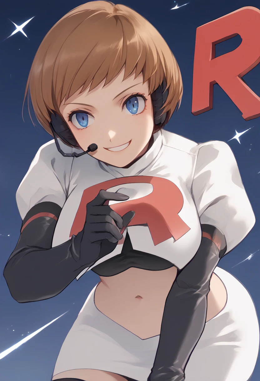 Team rocket, team rocket uniform, red letter R, white skirt,white crop top,black thigh-high boots, black elbow gloves, evil smile, night sky background, headset, large breasts, high-heeled boots, Chie Satanoka, brown hair, bob cut