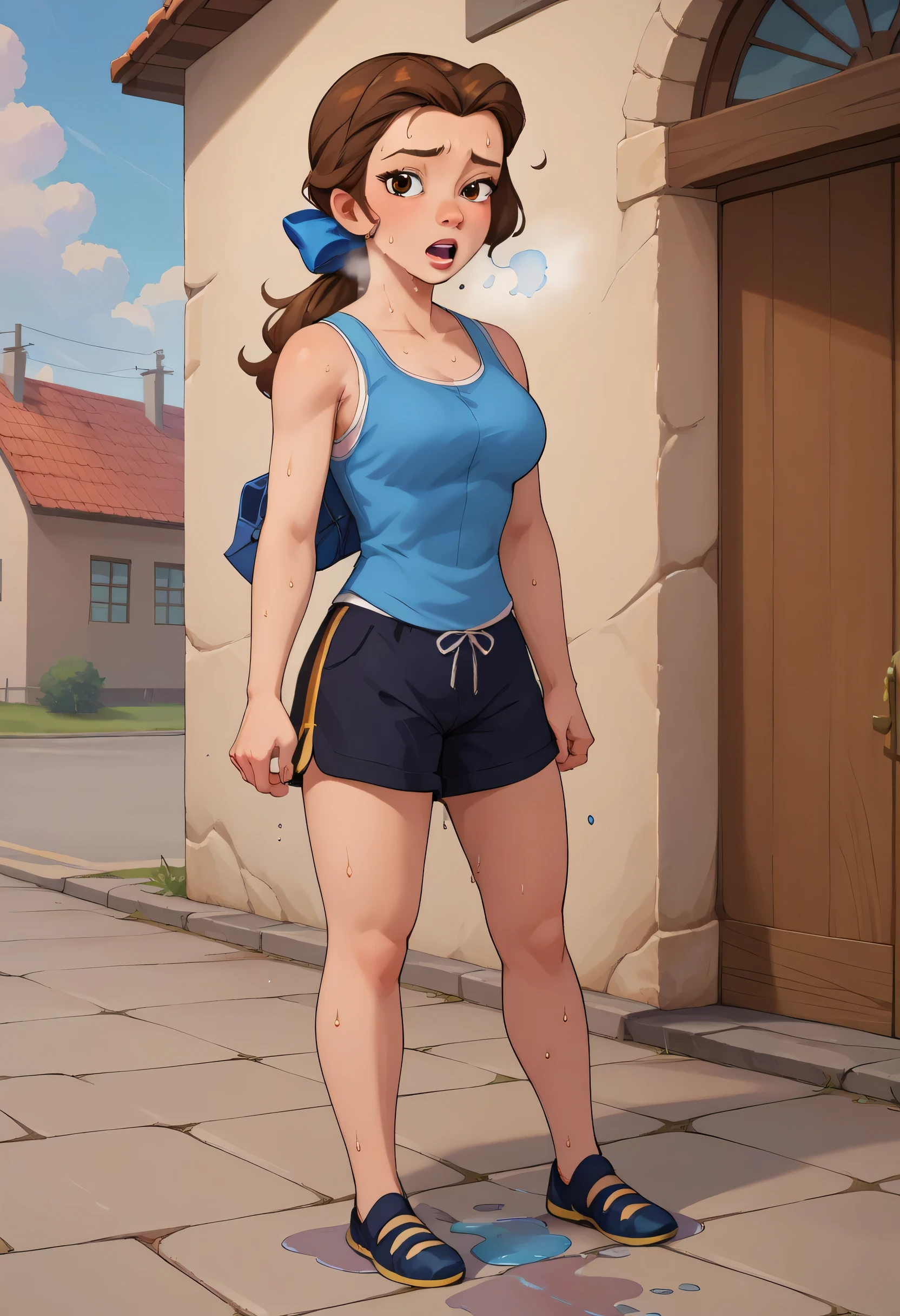 PonyXLV6_Scores ,source_anime, masterpiece,best quality, highly detailed,cinematic, BREAK belle,1girl, solo, brown hair, shirt,brown eyes, blue tanktop, looking at viewer, full body, outdoors, bow, ponytail, open mouth, long hair, hair bow, black shorts, blue bow, large breasts, exhuasted, breathing heavliy,  solo, sweating profusely, open mouth, exhausted, heavy breathing, dripping sweat, puddle of sweat on the ground