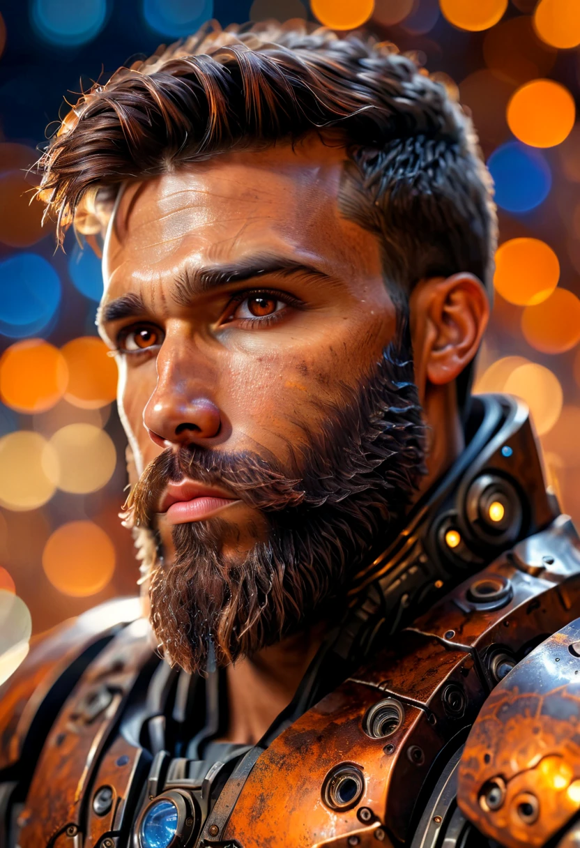 Portrait photo of muscular bearded guy in a worn mech suit, ((light bokeh)), intricate, (steel metal [rust]), elegant, sharp focus, photo by greg rutkowski, soft lighting, vibrant colors, (masterpiece), ((streets)), (detailed face:1.2), (glowing dark brown  eyes:1.1)
