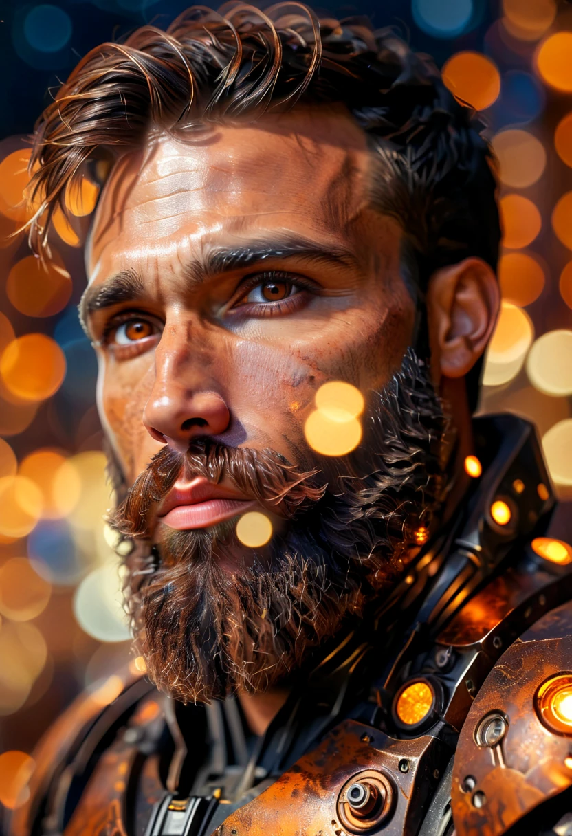 Portrait photo of muscular bearded guy in a worn mech suit, ((light bokeh)), intricate, (steel metal [rust]), elegant, sharp focus, photo by greg rutkowski, soft lighting, vibrant colors, (masterpiece), ((streets)), (detailed face:1.2), (glowing dark brown  eyes:1.1)
