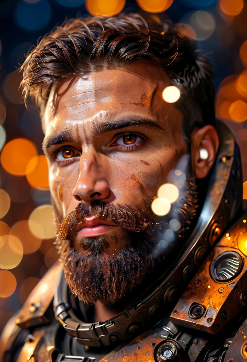 Portrait photo of muscular bearded guy in a worn mech suit, ((light bokeh)), intricate, (steel metal [rust]), elegant, sharp focus, photo by greg rutkowski, soft lighting, vibrant colors, (masterpiece), ((streets)), (detailed face:1.2), (glowing dark brown  eyes:1.1)
