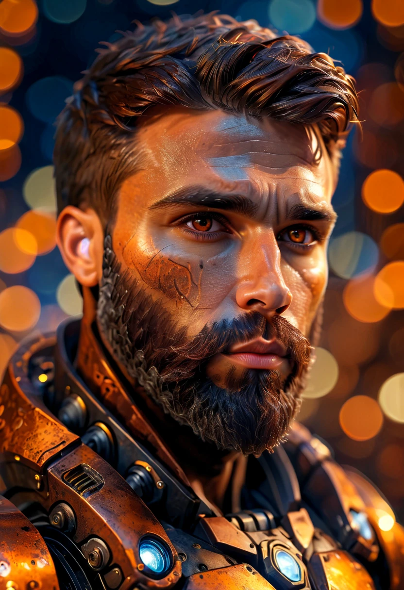 Portrait photo of muscular bearded guy in a worn mech suit, ((light bokeh)), intricate, (steel metal [rust]), elegant, sharp focus, photo by greg rutkowski, soft lighting, vibrant colors, (masterpiece), ((streets)), (detailed face:1.2), (glowing dark brown  eyes:1.1)
