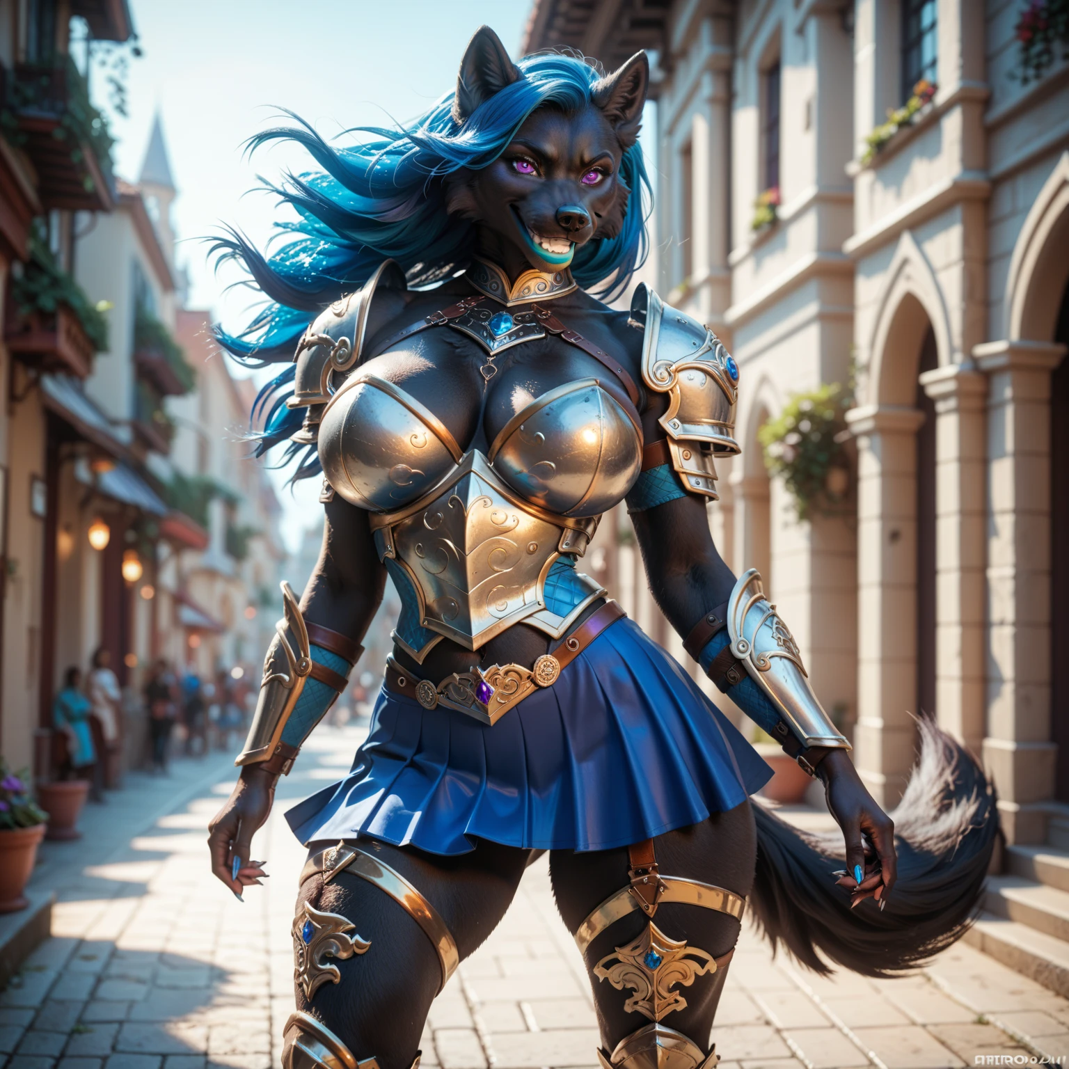 (furry art;antro)_black wolf_fluffy black fur _ skirts_ slim figure _ Big breasts_bigger thighs_detailed face _Grin_blue hairstyle _ purple eyes _blue lips_armor_ stands in front of the gate .