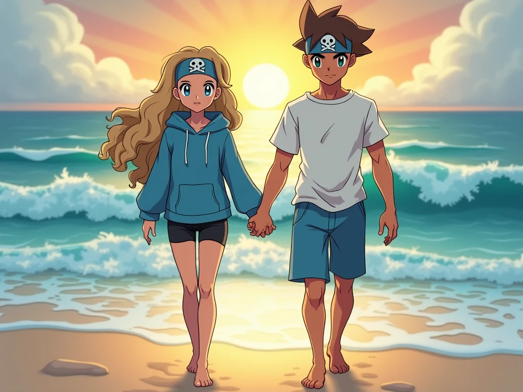 Two Pokémon trainers, pokemon style, a tan woman,  blue eyes, long hair, dirty blonde hair color, curly hair, wearing a blue hoodie and black shorts, a white man, muscular and fit, short brown hair, dark green eyes, blue shorts and a white t shirt, both are wearing headband with skull and crossbones, They both must be walking on the shore beach, bare foot, facing the camera, holding hands, waves, background with lapras, goldeen and water pokemon sunrise