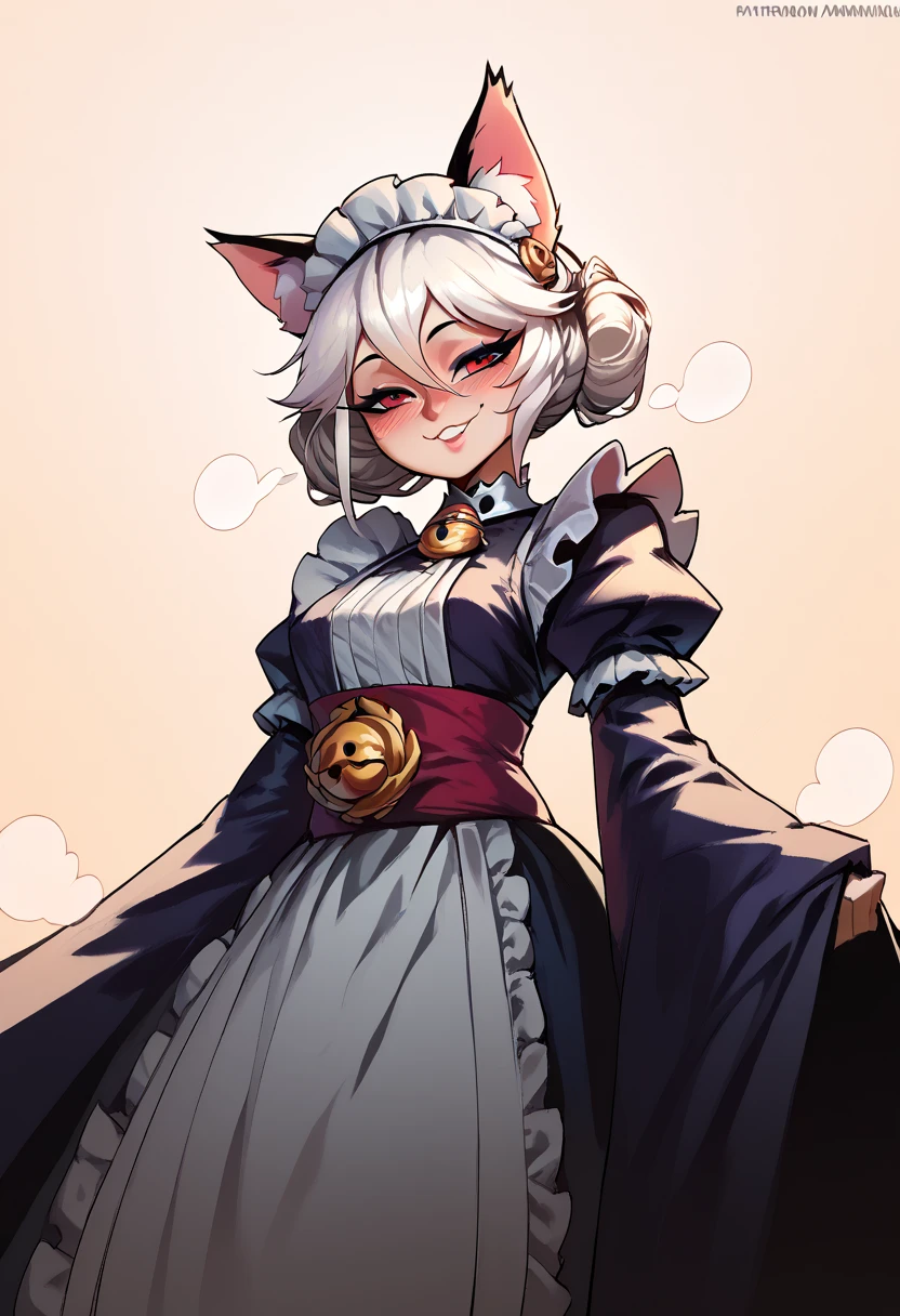 score_9, score_8_up, score_7_up, score_6_up, score_5_up, score_4_up, BREAK1girl,solo,cat ears,animal ear fluff,sash,smile,blush,hair between eyes, white hair,wide sleeves,sleeves past wrists,victorian clothes, dress, maid, (masterpiece), (best quality),