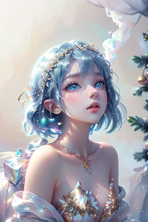 ✨Macro, sunny haze, a cute troll with big blue eyes looking up at a Christmas tree, vintage, decoupage, high quality, soft pastel shades, drawing details, in thick white smoke, surrounded by sequins, under soft, shining light, drops, raw, white on white, dark botanical, multicolored delicate mother-of-pearl, delicate mother-of-pearl watercolor, contour drawing with colored pencils, spectacularly, gold plating