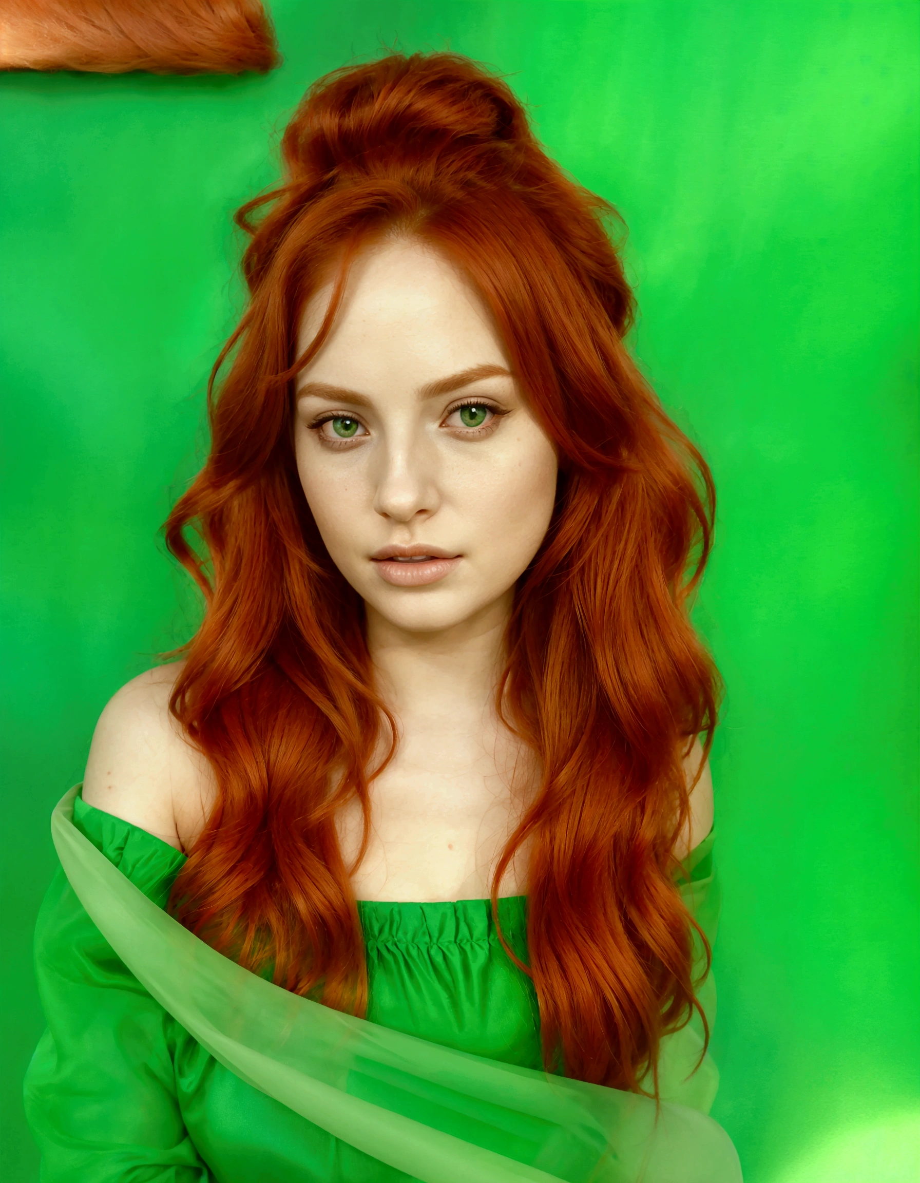 Realistic, photorealistic, RAW photo, ultra detailed , beautiful 19 years old woman, Leprechaun, unbuttoned green outfit with gold decorations, ginger hair, freckles, extremely sexy, pleasure, small breasts, nudist, beautiful detailed face, cute face and eyes, dinamic pose, perfect anatomy, Slim physique, happy, St Patrick day aesthetic, clovers, professional photoshoot, cinematic light, Centered image, dinamic, in motion, approaching perfection, canon 6d, detailed ireland background, fine facial traits, (depth of field), film grain, Kodak Portra 400, cinematic composition