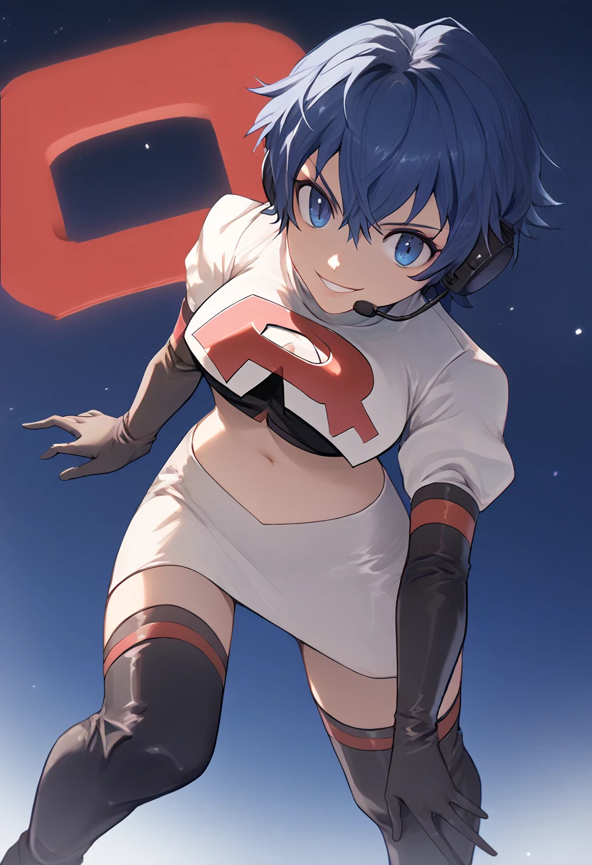 Team rocket, team rocket uniform, red letter R, white skirt,white crop top,black thigh-high boots, black elbow gloves, evil smile, night sky background, headset, large breasts, high-heeled boots, Naoto Shirogane, blue hair