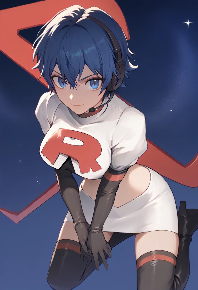 Team rocket, team rocket uniform, red letter R, white skirt,white crop top,black thigh-high boots, black elbow gloves, evil smile, night sky background, headset, large breasts, high-heeled boots, Naoto Shirogane, blue hair