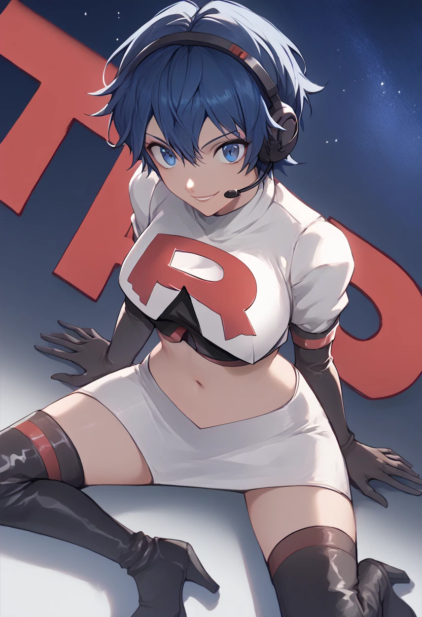 Team rocket, team rocket uniform, red letter R, white skirt,white crop top,black thigh-high boots, black elbow gloves, evil smile, night sky background, headset, large breasts, high-heeled boots, Naoto Shirogane, blue hair