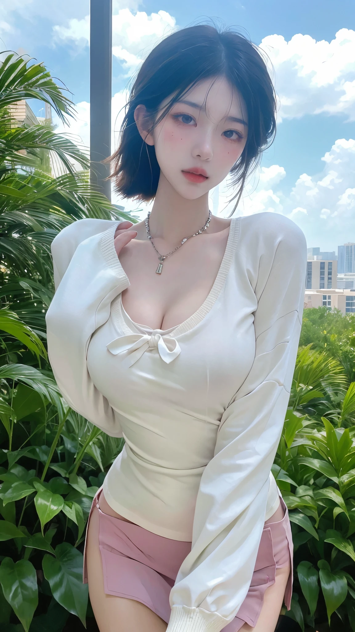 masterpiece,  is the best quality, Visible cleavage， high resolution, HMSL1, （Big Breasts：1.6），（Big breasts：1.8），x Hair accessories, White sweater,Visible cleavage， Purple Jacket, flower, Long sleeve, Open clothes,  black bow ,  skirt,  black stockings , Outdoors, street,  to a standing