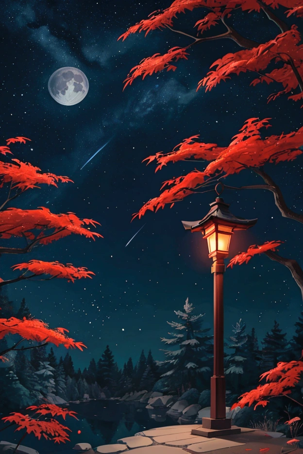 1 scene illustration ， two-dimensional anime style ，night，Japanese Shrines，moon， starry sky ，slate，lantern，Red maple leaf， There is fog in the air，night寂静氛围感，lantern发光烘托氛围，Particle light ， Close to the real atmosphere of light and shadow