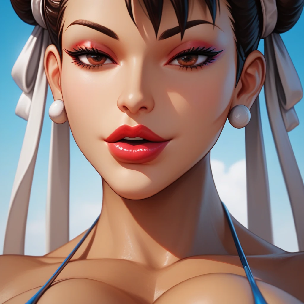 score_9, score_8_up, score_7_up, chun li, model bombshell, beautiful, tan skin, sensual, neon, futuristic, arching back , summer, "sinozick style", "g4n1m3", (big lips:0.8), naughty face, huge breasts, close-up, bikini