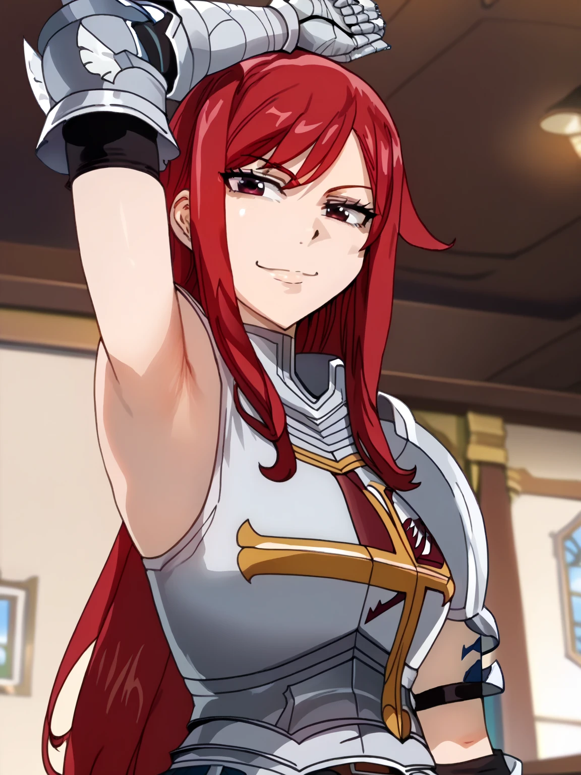 score_9, score_8_up, score_7_up, source_anime, anime screencap, 1girl, solo, Erza_Scarlet_First, brown_eyes, red_hair, long_hair, large_breasts, armor, breastplate, gauntlets, armored_dress, sleeveless, arm up, raised arm, armpit, armpit focus, looking at viewer, smile, closed mouth, indoors, from side, from below, badhandv4