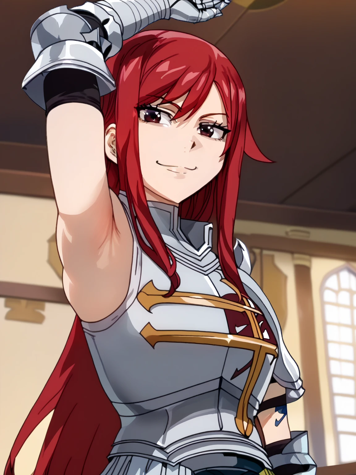 score_9, score_8_up, score_7_up, source_anime, anime screencap, 1girl, solo, Erza_Scarlet_First, brown_eyes, red_hair, long_hair, large_breasts, armor, breastplate, gauntlets, armored_dress, sleeveless, arm up, raised arm, armpit, armpit focus, looking at viewer, smile, closed mouth, indoors, from side, from below, badhandv4