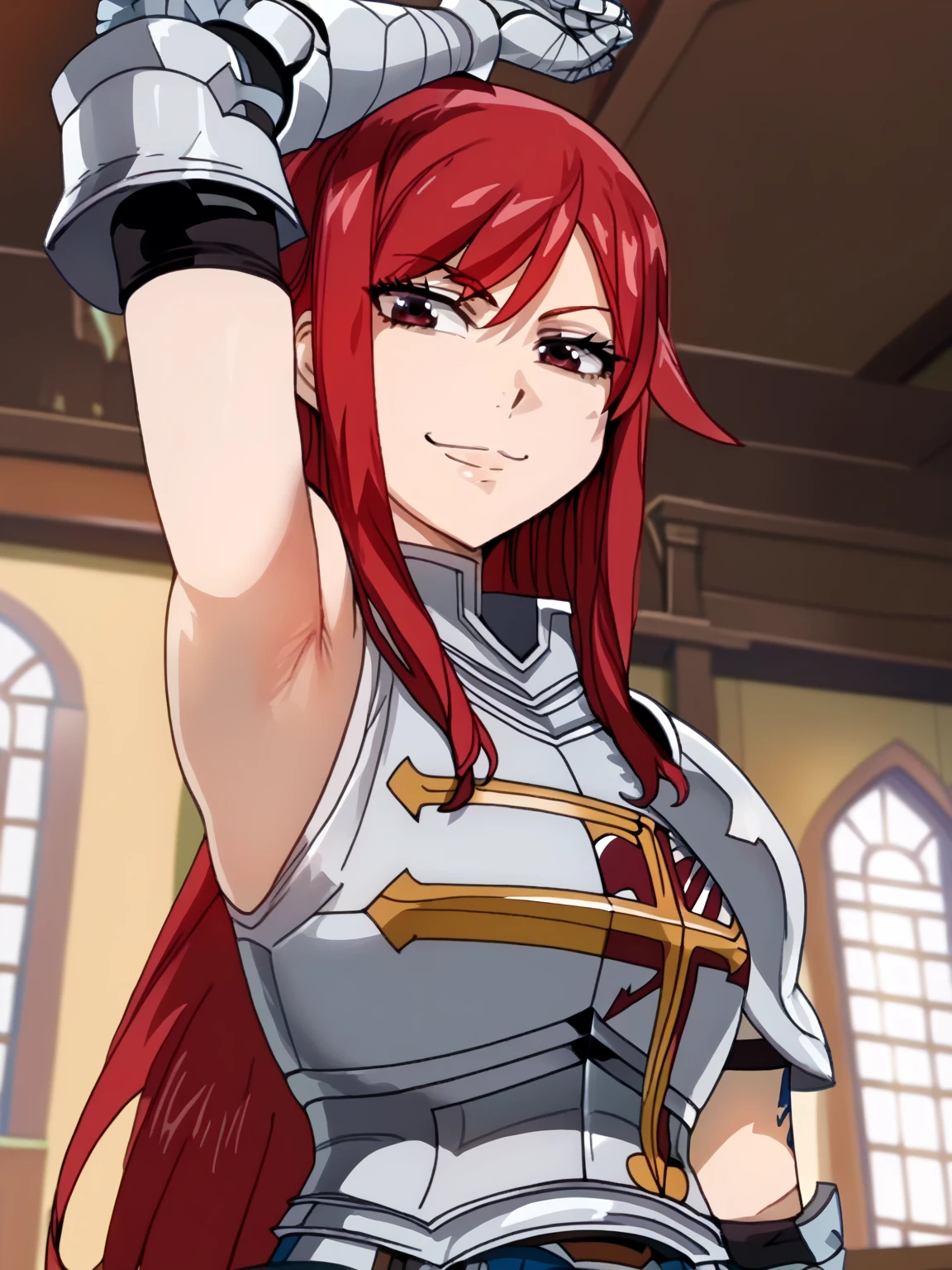 score_9, score_8_up, score_7_up, source_anime, anime screencap, 1girl, solo, Erza_Scarlet_First, brown_eyes, red_hair, long_hair, large_breasts, armor, breastplate, gauntlets, armored_dress, sleeveless, arm up, raised arm, armpit, armpit focus, looking at viewer, smile, closed mouth, indoors, from side, from below, badhandv4