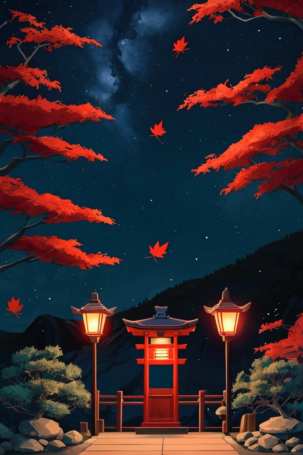 1 scene illustration ， two-dimensional anime style ，night，Japanese Shrines，moon， starry sky ，slate，lantern，Red maple leaf， There is fog in the air，night寂静氛围感，lantern发光烘托氛围，Particle light ， Close to the real atmosphere of light and shadow