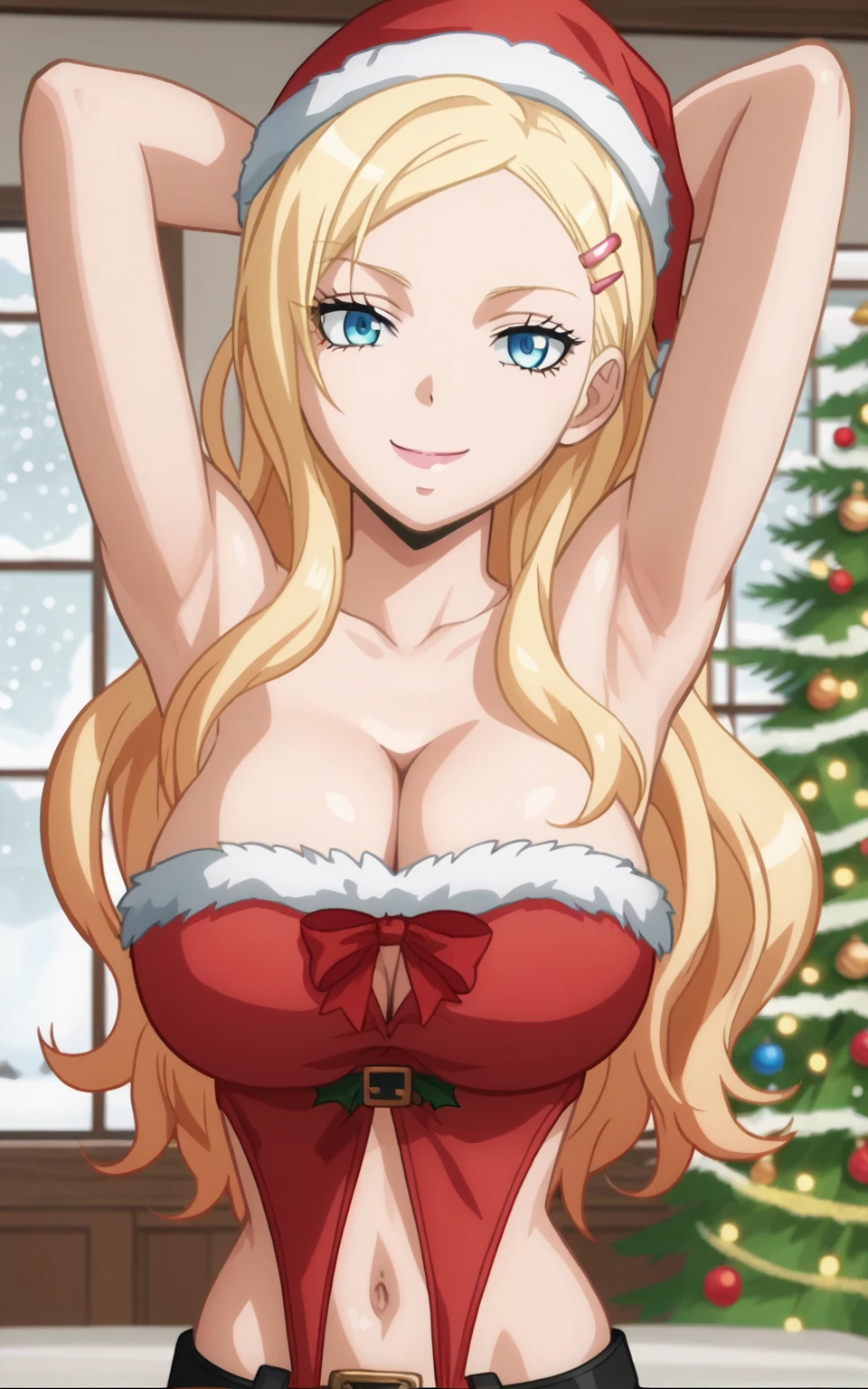 score_9, score_8_up, score_7_up, source_anime, anime screencap, 1girl, solo, irina jelavic, blonde hair, blue eyes, long hair, large breast, cleavage, bare shoulders, bare arms, hairclip, Santa costume, red costume, Santa hat, navel, bellybutton, Christmas tree, arms behind head, armpits, looking at viewer, head towards viewer, smile, closed mouth, badhandv4, indoors, strapless 