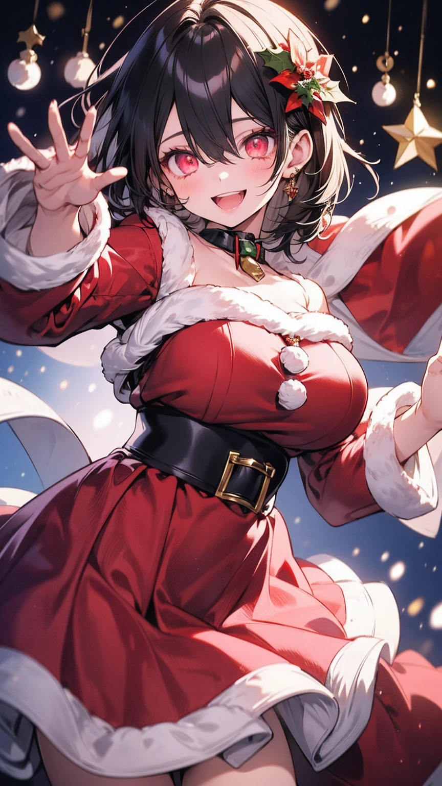 masutepiece, Best Quality, 1girl in, Akira Watanabe, Looking at Viewer, Smile, Open mouth, Bangs, Blue eyes, Hair Ornament, Large Full Breasted, santa costume Christmas (One guy、Man behind,Inserted from behind、doggystyle)+++++++