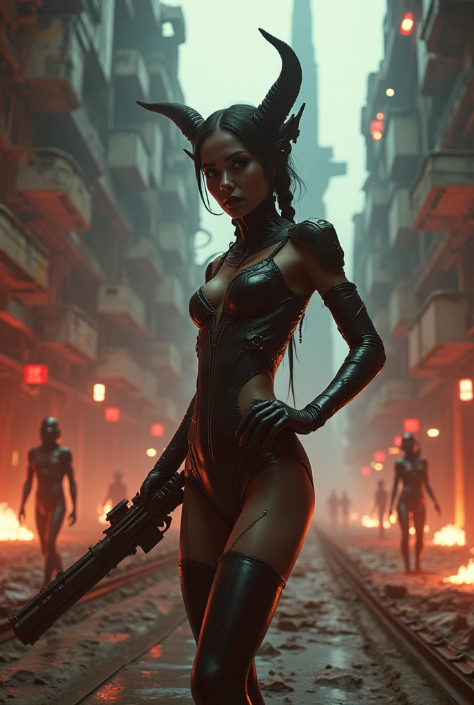 troll_woman with tusks and horns wearing an elegant red evening dress, walking shiny cyberpunk plaza, cyberarms, cyberlegs <lora:Neon_Cyberpunk_SDXL_Cyberware:1><lora:Neon_Cyberpunk_SDXL_-_Trolls:1.4>, <lora:EnvyBetterHiresFixXL01:1>, RAW photo, subject, 8k uhd, dslr, soft lighting, high quality, film grain, Fujifilm XT3