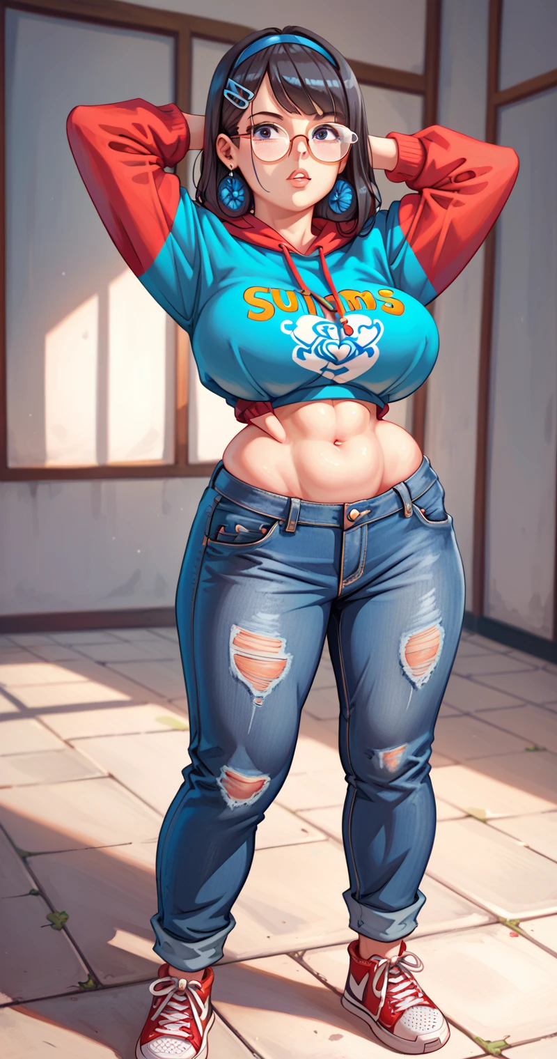 Woman. 31 years old. 1.80m tall. 86kg weight. Sturdy, long limbs. Wide hips and wide shoulders. Slightly protruding belly. Hands on hips,  sassy stance. Wavy black hair with long bangs, Alice hair clip. Massive torpedo shaped breasts stretching against her thin sweatshirt. Boot cut dark blue jeans. Natural hemp sneakers. Roman nose. Round face, full face. Intellectual, reserved. Big thick-rimmed glasses. 