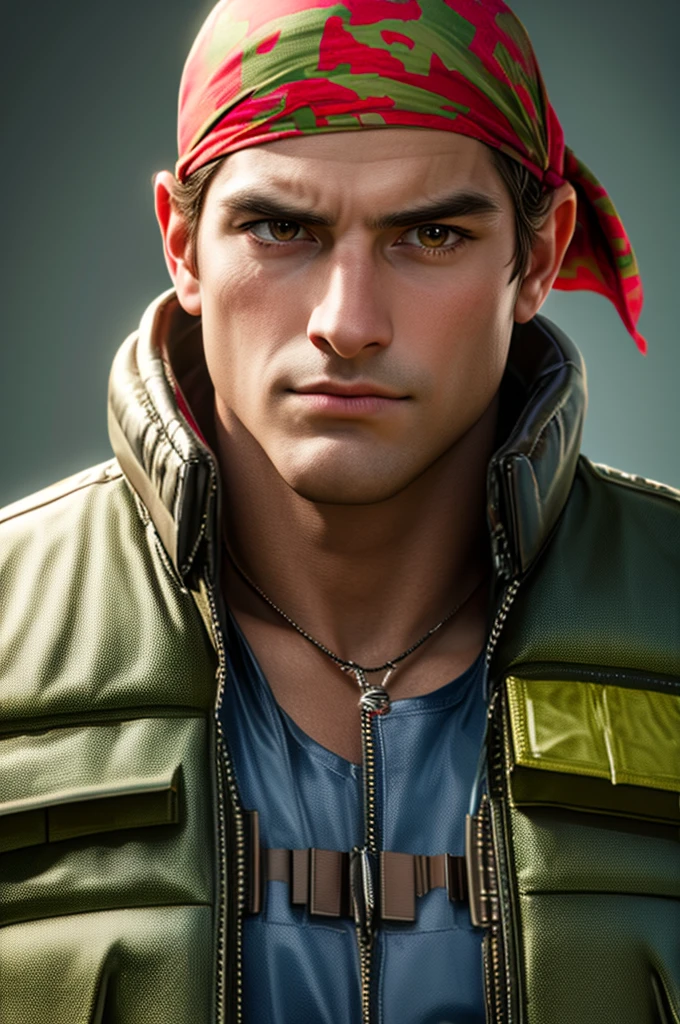 Best image quality, highest quality, Highest Resolution, realistic, detailed, masterpiece, One man, serious look, Full body, WAIST, half body, perfect face, perfect body, vest, red bandana, gloves, Brown hair, Brown eyes ralfms, look at viewer, sexy body, vest, military necklace, beautiful 