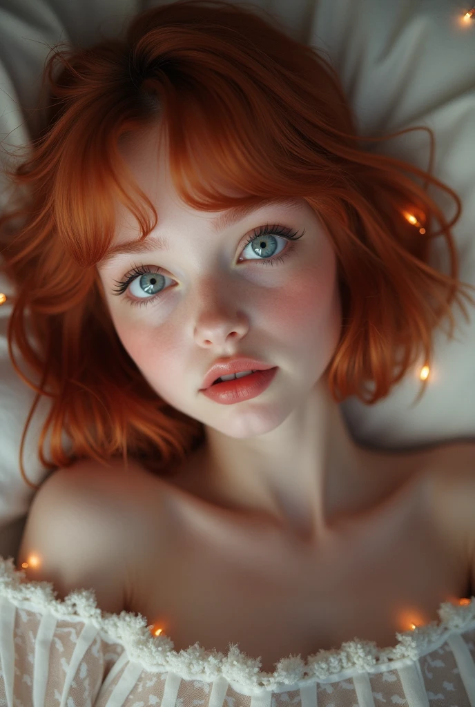  redhead girl, , , shining blue eyes, breasts small, red curly hair, freckles on the face, new, naked, showing opening pussy with fingers, pussy, vagina, sensual expression, in erotic position 