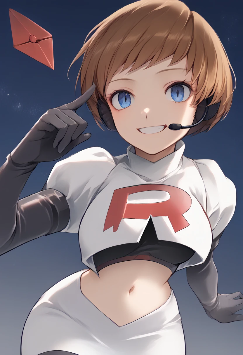 Team rocket, team rocket uniform, red letter R, white skirt,white crop top,black thigh-high boots, black elbow gloves, evil smile, night sky background, headset, large breasts, high-heeled boots, Chie Satanoka, brown hair, bob cut