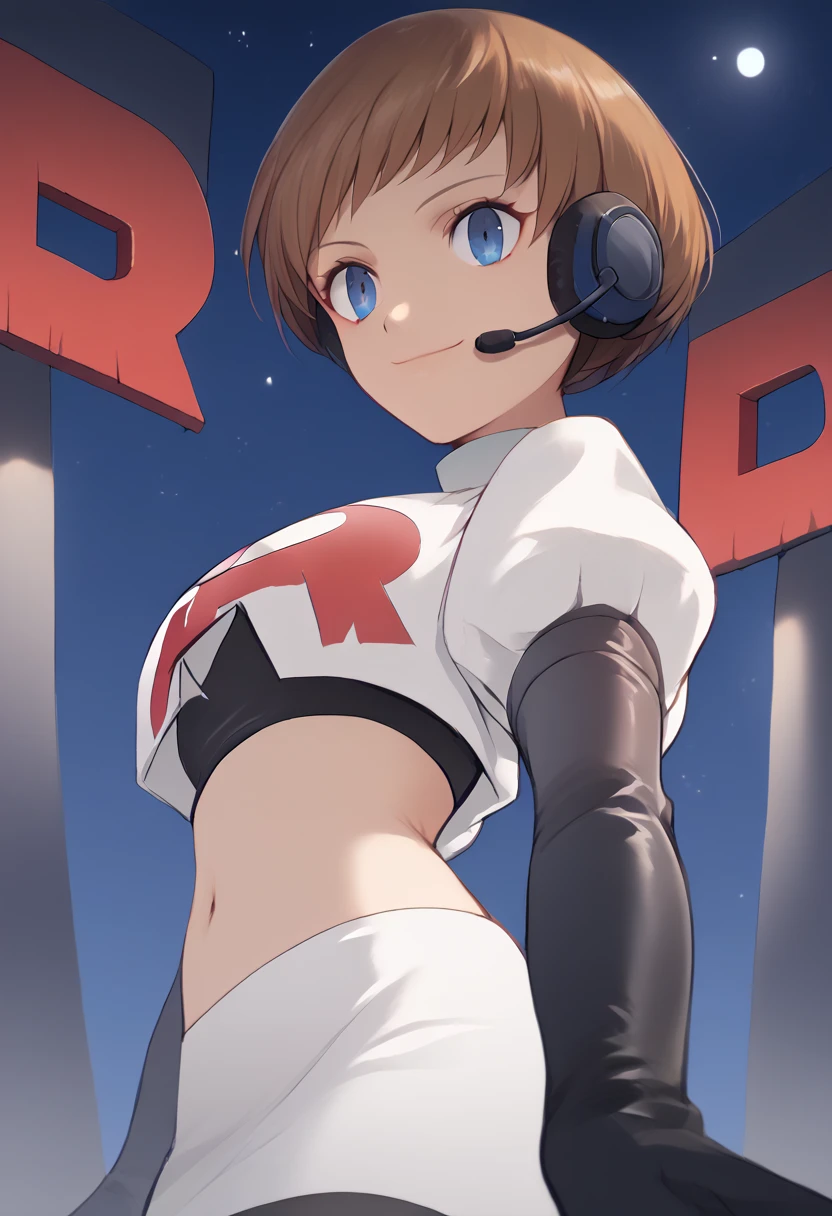 Team rocket, team rocket uniform, red letter R, white skirt,white crop top,black thigh-high boots, black elbow gloves, evil smile, night sky background, headset, large breasts, high-heeled boots, Chie Satanoka, brown hair, bob cut