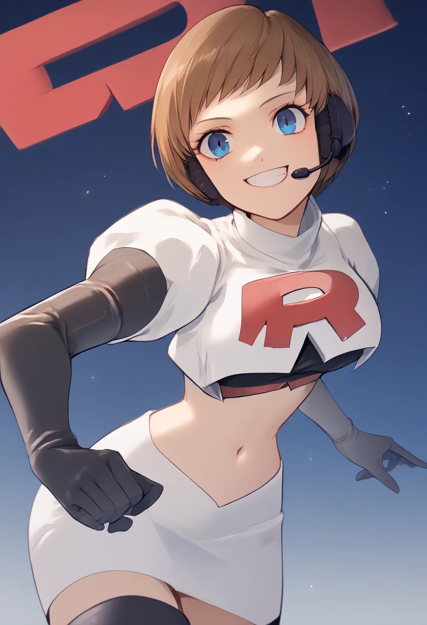 Team rocket, team rocket uniform, red letter R, white skirt,white crop top,black thigh-high boots, black elbow gloves, evil smile, night sky background, headset, large breasts, high-heeled boots, Chie Satanoka, brown hair, bob cut